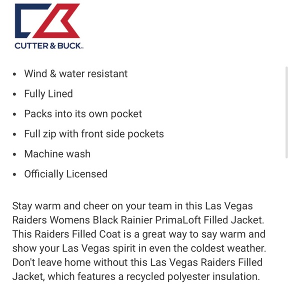 Cutter And Buck Las Vegas Raiders Black Primaloft Filled Jacket (W XXL) - Picture 5 of 7
